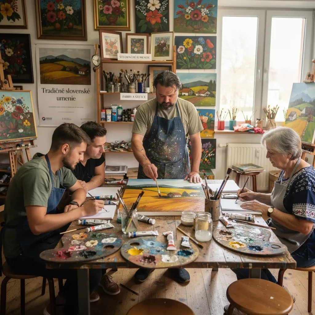 An inside look at a vibrant Slovak museum displaying traditional crafts and artifacts, celebrating local history.